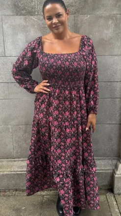 CurveWow Shirred Top Maxi Dress Red Floral