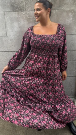 CurveWow Shirred Top Maxi Dress Red Floral