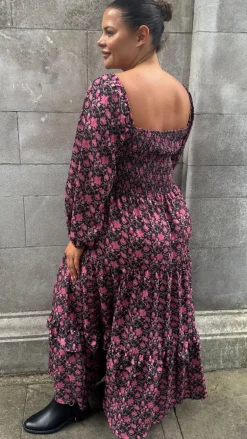 CurveWow Shirred Top Maxi Dress Red Floral