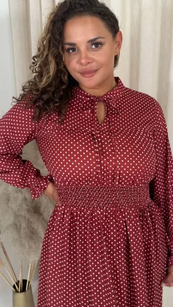 CurveWow Shirred Waist Tie Neck Dress Red Spot