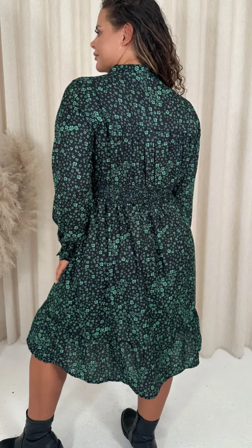 CurveWow Shirred Waist Tie Neck Dress Black & Green Ditsy