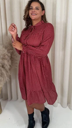 CurveWow Shirred Waist Tie Neck Dress Red Spot