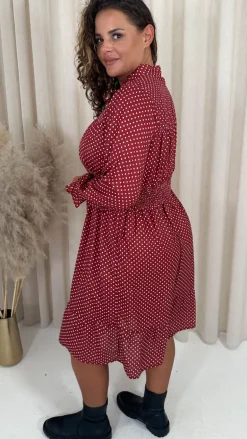 CurveWow Shirred Waist Tie Neck Dress Red Spot