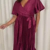 CurveWow Short Sleeve Pleated Midi Dress Wine Animal