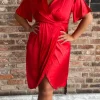 CurveWow Short Sleeve Wrap Front Collared Dress Red