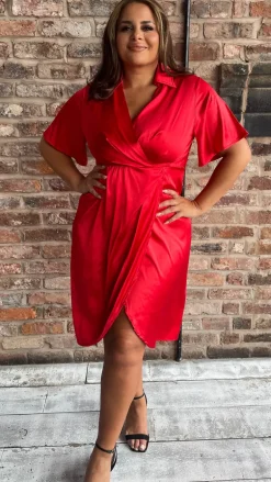 CurveWow Short Sleeve Wrap Front Collared Dress Red