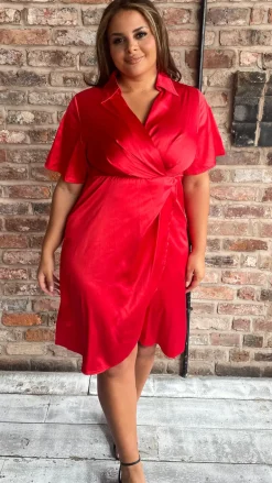 CurveWow Short Sleeve Wrap Front Collared Dress Red