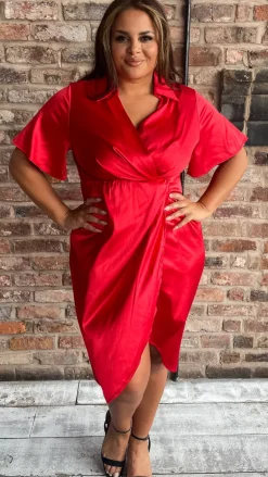 CurveWow Short Sleeve Wrap Front Collared Dress Red