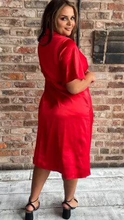 CurveWow Short Sleeve Wrap Front Collared Dress Red