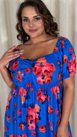 CurveWow Short Sleeved Ruched Front Milk Maid Midi Dress Blue Floral