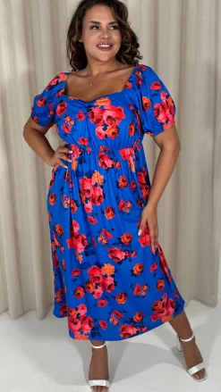 CurveWow Short Sleeved Ruched Front Milk Maid Midi Dress Blue Floral
