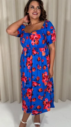 CurveWow Short Sleeved Ruched Front Milk Maid Midi Dress Blue Floral
