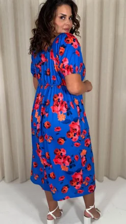 CurveWow Short Sleeved Ruched Front Milk Maid Midi Dress Blue Floral