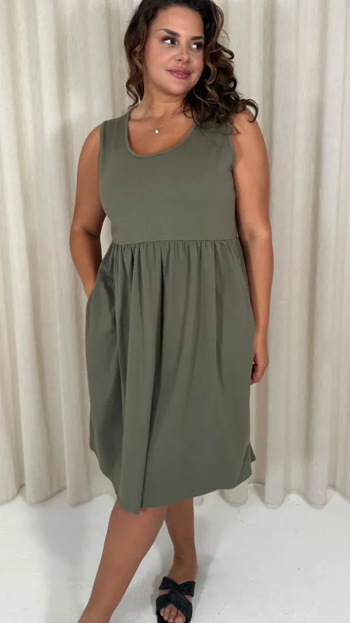 CurveWow Sleeveless Pocket Smock Dress Khaki