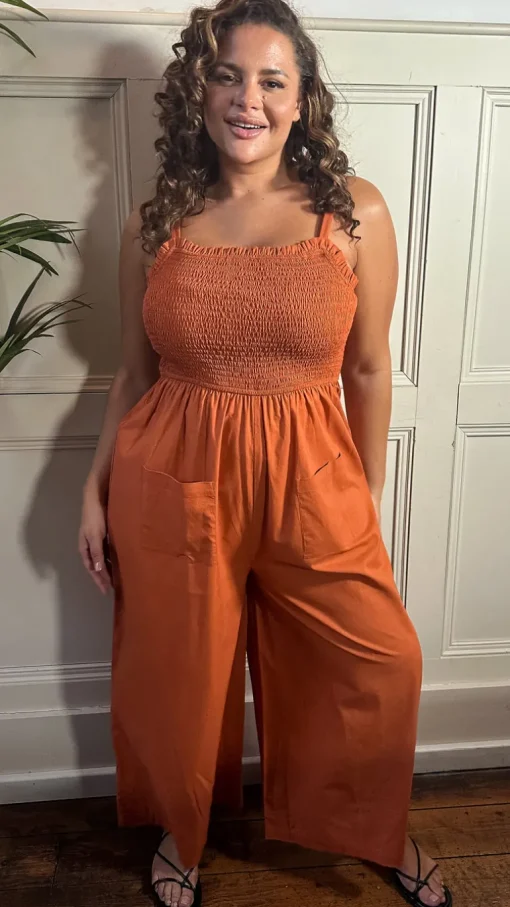 CurveWow Slub Shirred Pocket Jumpsuit Rust