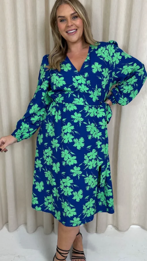 CurveWow Splice Wrap Midi Dress Blue
