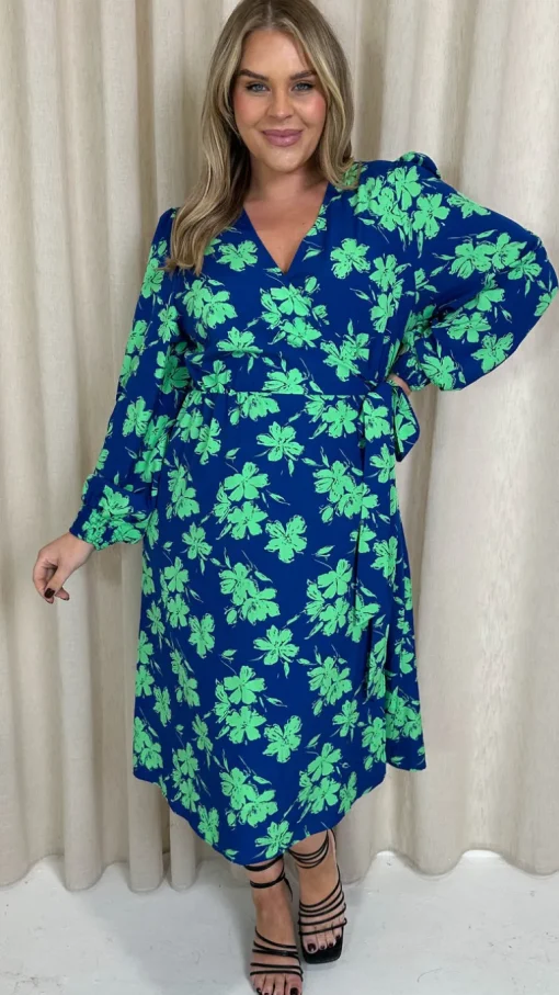 CurveWow Splice Wrap Midi Dress Blue
