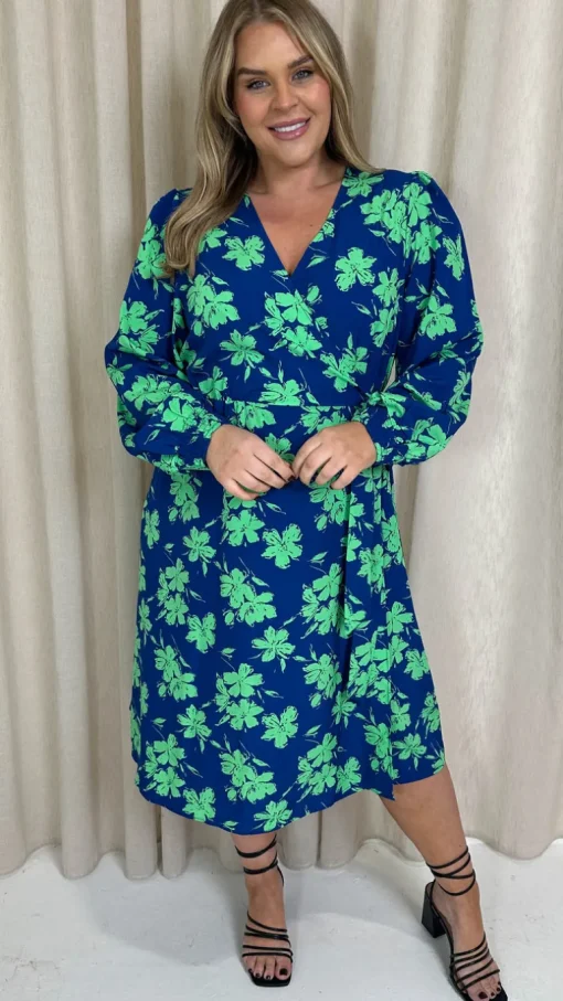 CurveWow Splice Wrap Midi Dress Blue