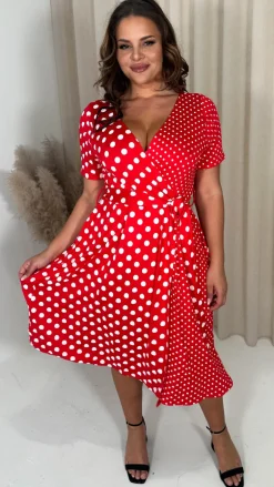 CurveWow Spliced Wrap Dress Red Polka Dot