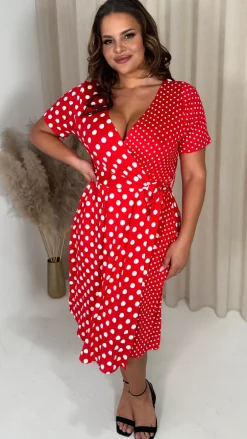 CurveWow Spliced Wrap Dress Red Polka Dot