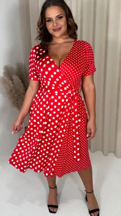 CurveWow Spliced Wrap Dress Red Polka Dot