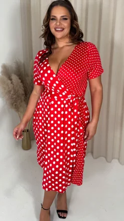 CurveWow Spliced Wrap Dress Red Polka Dot