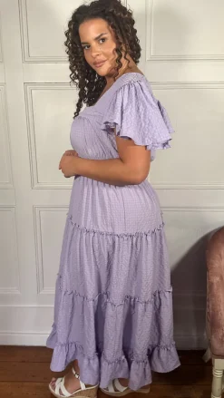 CurveWow Square Neck Seersucker Dress Lilac