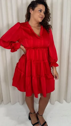 CurveWow Striped Satin Tiered Mini Dress Red