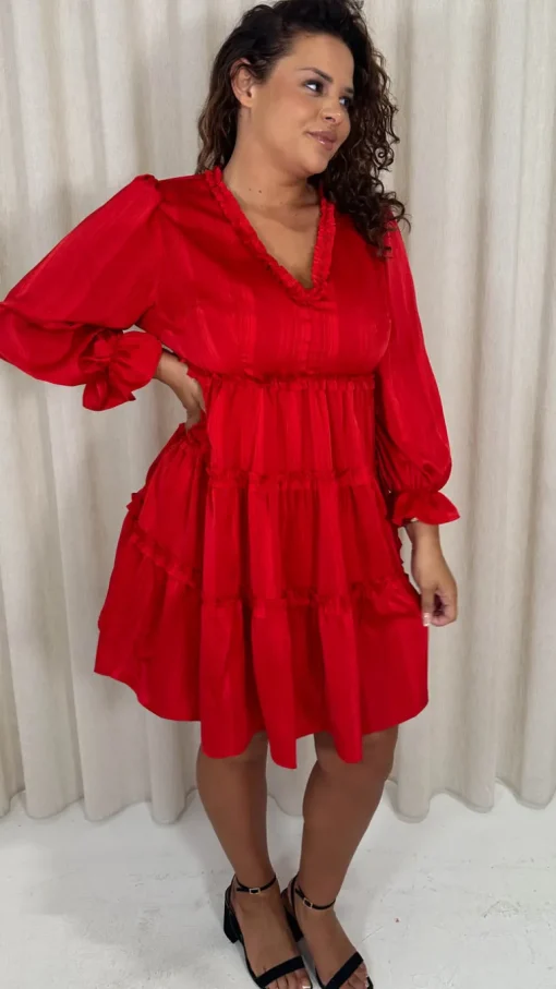 CurveWow Striped Satin Tiered Mini Dress Red