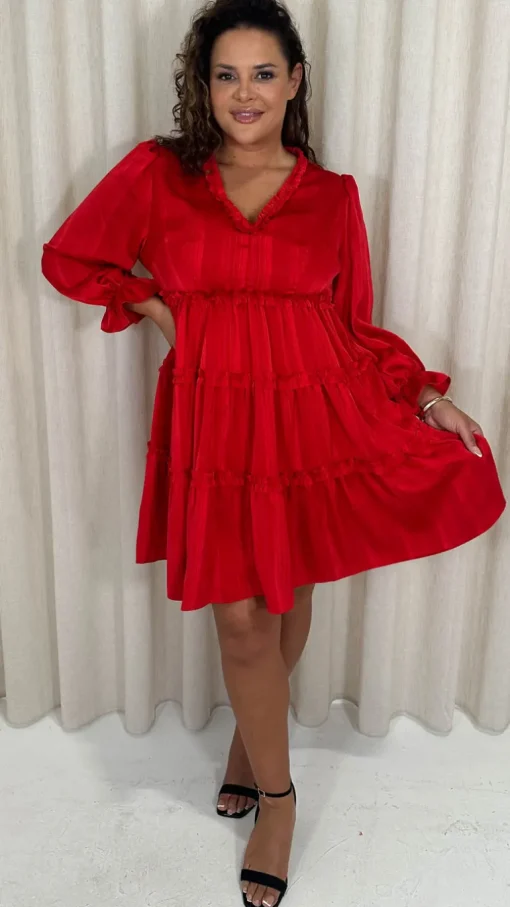 CurveWow Striped Satin Tiered Mini Dress Red