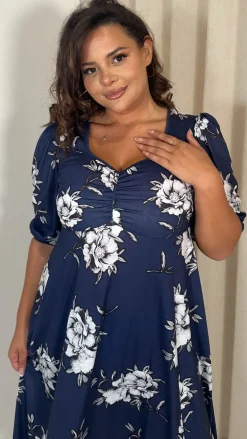 CurveWow Sweetheart Split Front Midaxi Dress Navy Floral