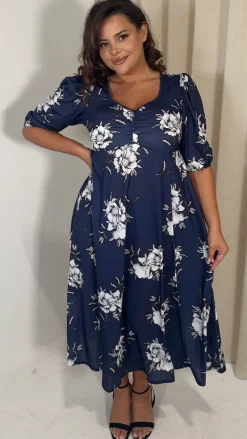 CurveWow Sweetheart Split Front Midaxi Dress Navy Floral