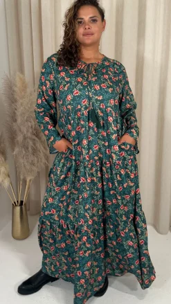 CurveWow Tassel Tiered Maxi Dress Green Floral