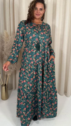 CurveWow Tassel Tiered Maxi Dress Green Floral