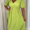 CurveWow Texture V Neck Midi Dress Lime