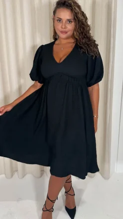 CurveWow Texture V Neck Midi Dress Black