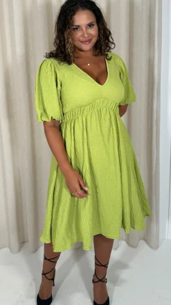 CurveWow Texture V Neck Midi Dress Lime