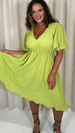CurveWow Texture V Neck Midi Dress Lime
