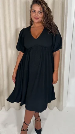 CurveWow Texture V Neck Midi Dress Black