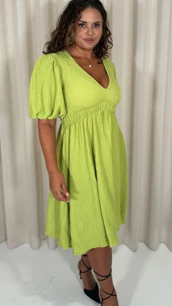 CurveWow Texture V Neck Midi Dress Lime