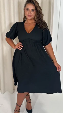 CurveWow Texture V Neck Midi Dress Black
