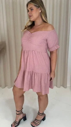 CurveWow Textured Bardot Smock Dress Pink
