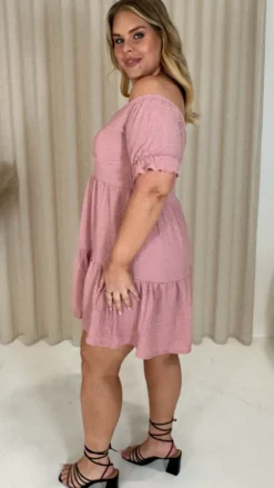 CurveWow Textured Bardot Smock Dress Pink