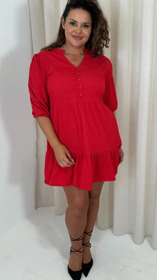 CurveWow Textured Seersucker Mini Dress Red