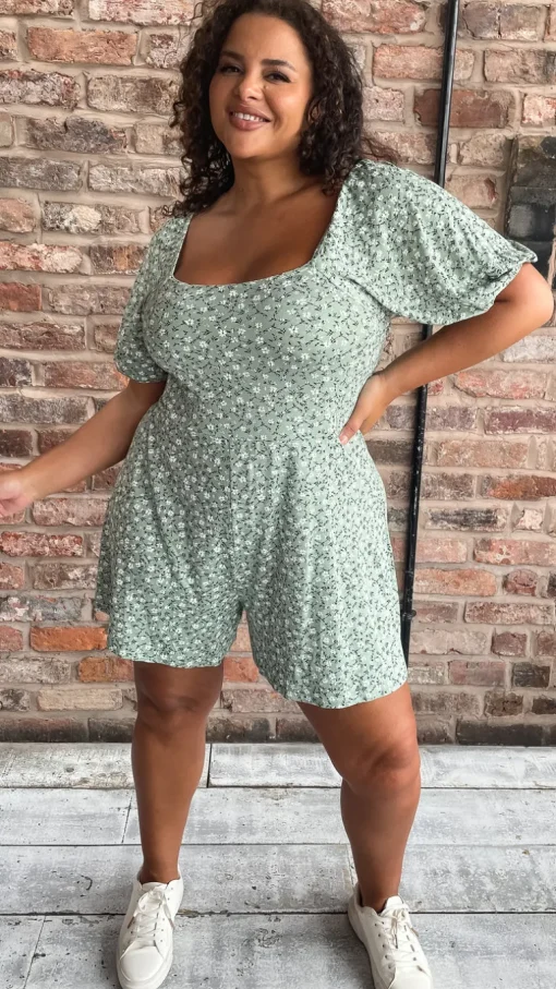 CurveWow Tie Back Playsuit Green Floral