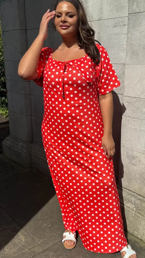 CurveWow Tie Neck Maxi Dress Red Polka Dot