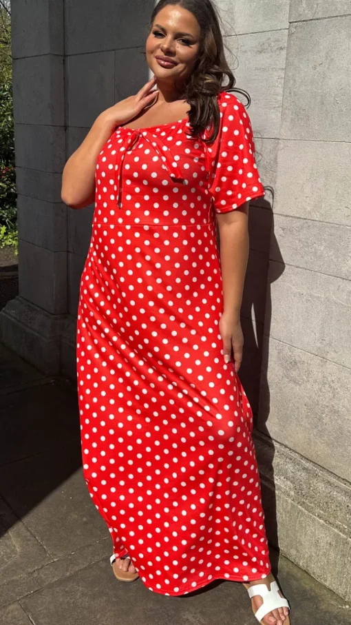 CurveWow Tie Neck Maxi Dress Red Polka Dot