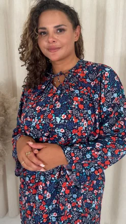 CurveWow Tie Neck Swing Dress Navy/Red Floral