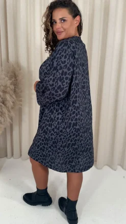 CurveWow Tie Neck Swing Dress Grey Animal