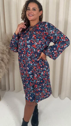 CurveWow Tie Neck Swing Dress Navy/Red Floral